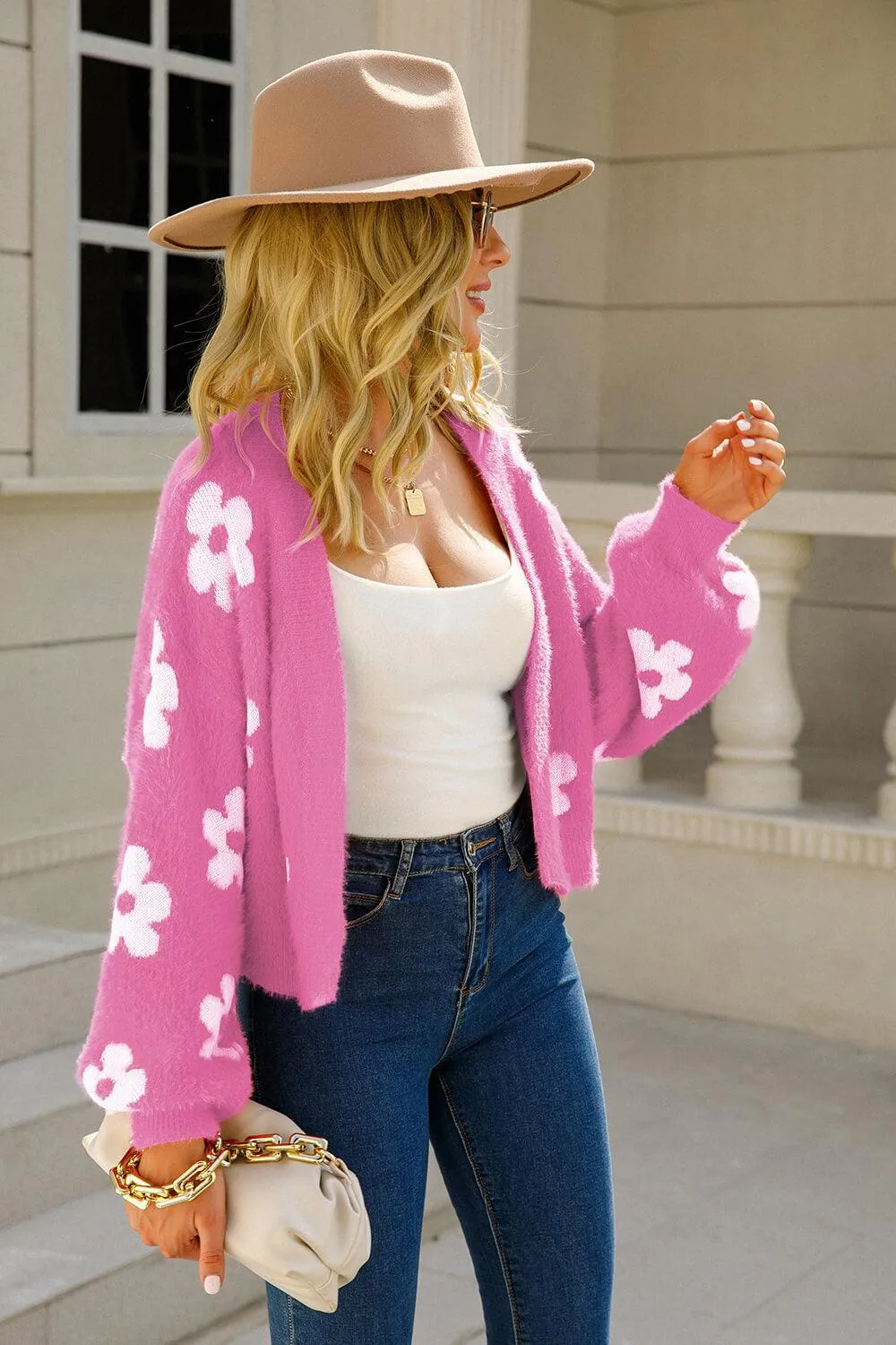 Hazel Blues® | Floral Open Front Fuzzy Cardigan