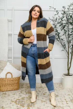 Hazel Blues® | Fuzzy Longline Cardigan In Blue & Cocoa