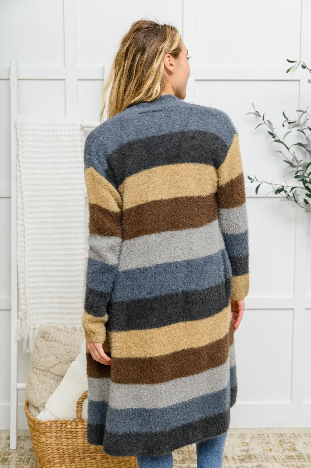 Hazel Blues® | Fuzzy Longline Cardigan In Blue & Cocoa
