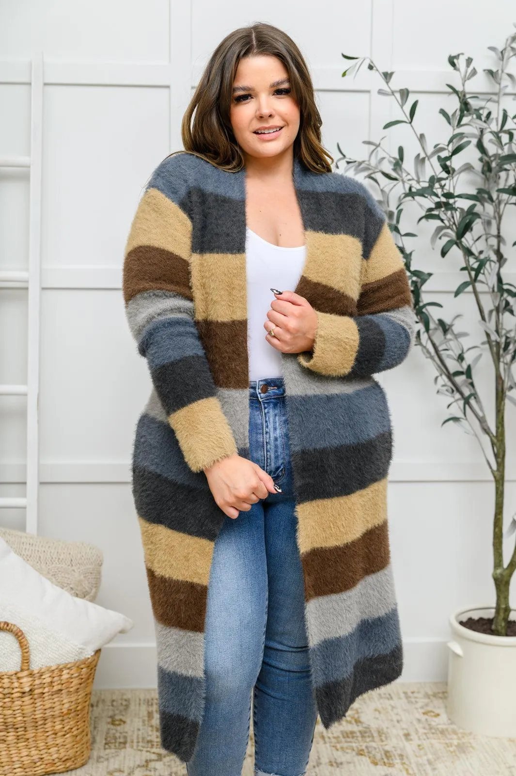 Hazel Blues® | Fuzzy Longline Cardigan In Blue & Cocoa