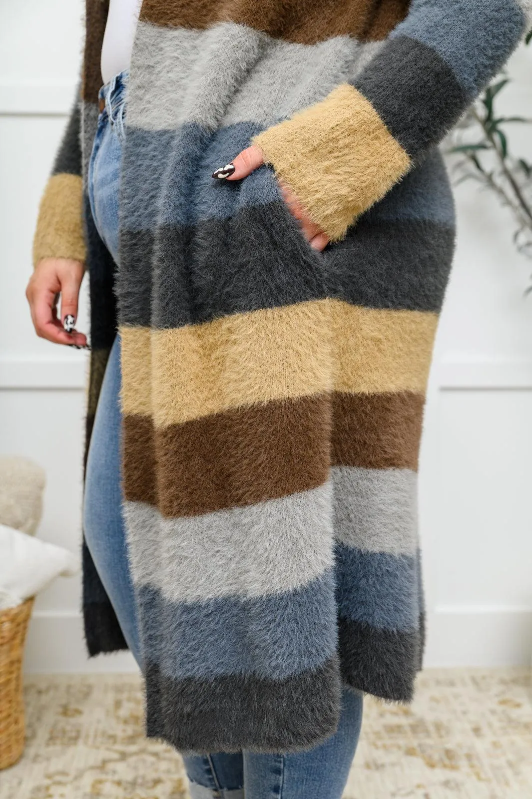 Hazel Blues® | Fuzzy Longline Cardigan In Blue & Cocoa