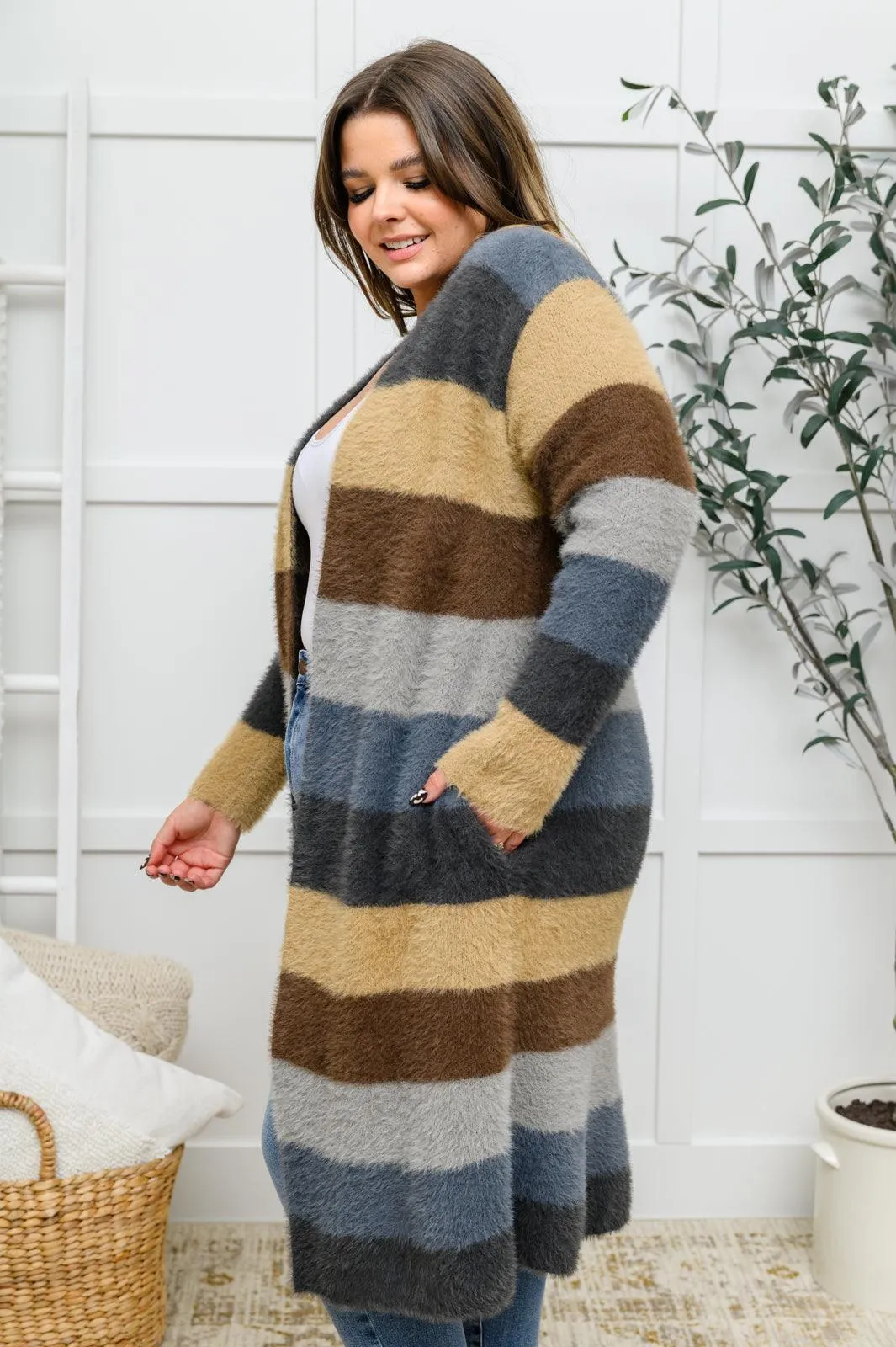 Hazel Blues® | Fuzzy Longline Cardigan In Blue & Cocoa