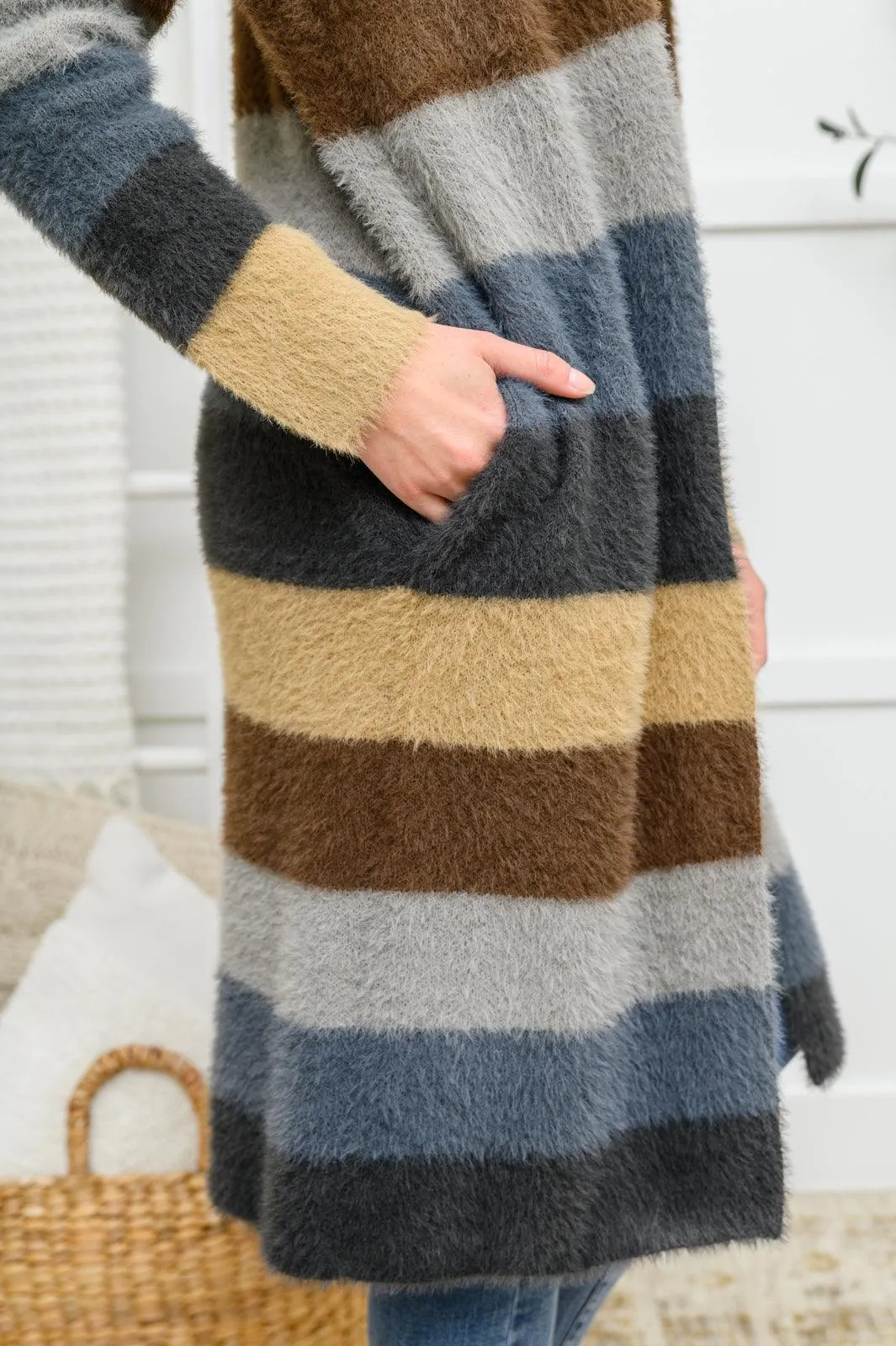 Hazel Blues® | Fuzzy Longline Cardigan In Blue & Cocoa