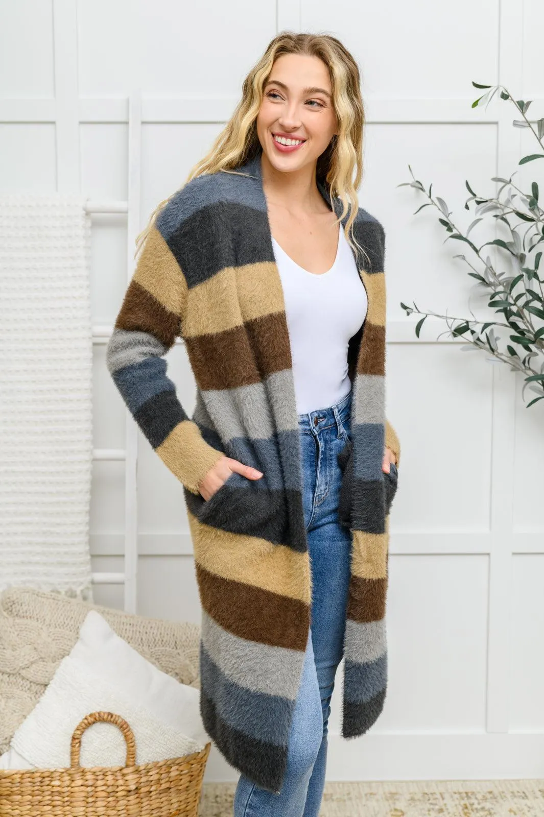 Hazel Blues® | Fuzzy Longline Cardigan In Blue & Cocoa