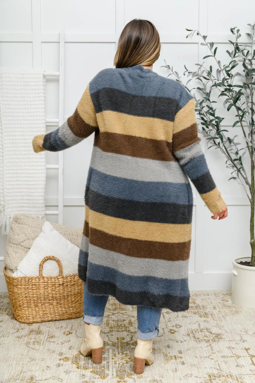 Hazel Blues® | Fuzzy Longline Cardigan In Blue & Cocoa