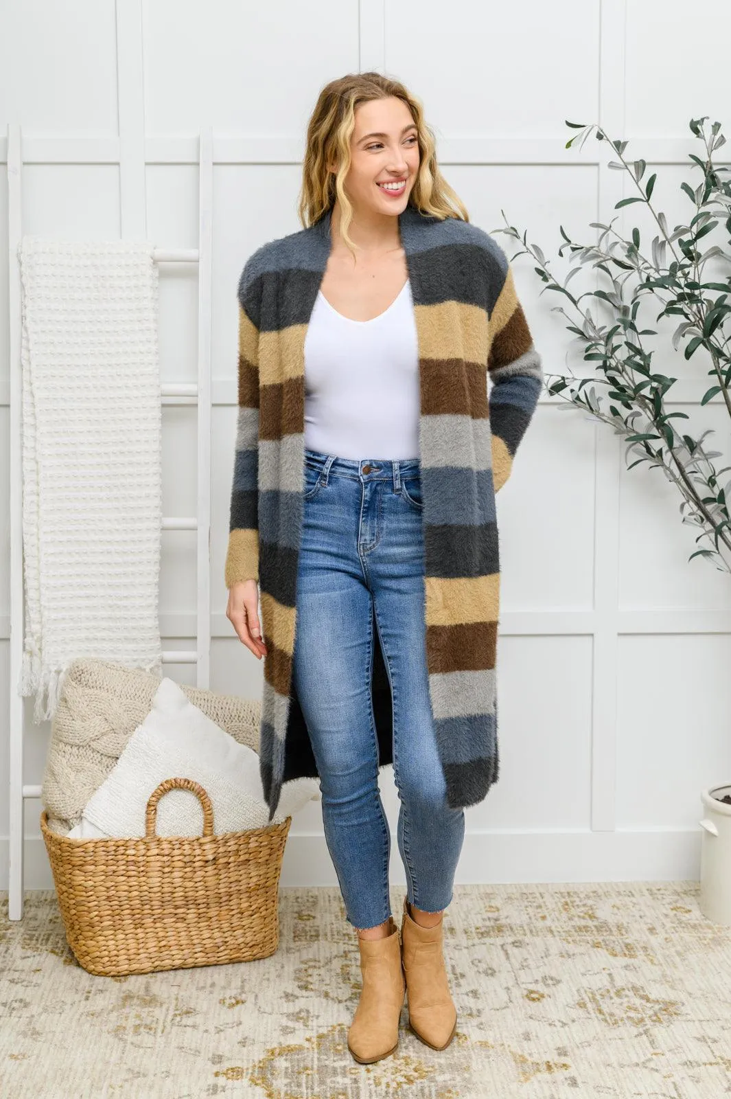 Hazel Blues® | Fuzzy Longline Cardigan In Blue & Cocoa