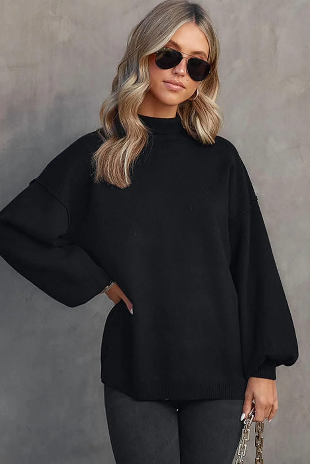Hazel Blues® |  Mock Neck Dropped Shoulder Sweater