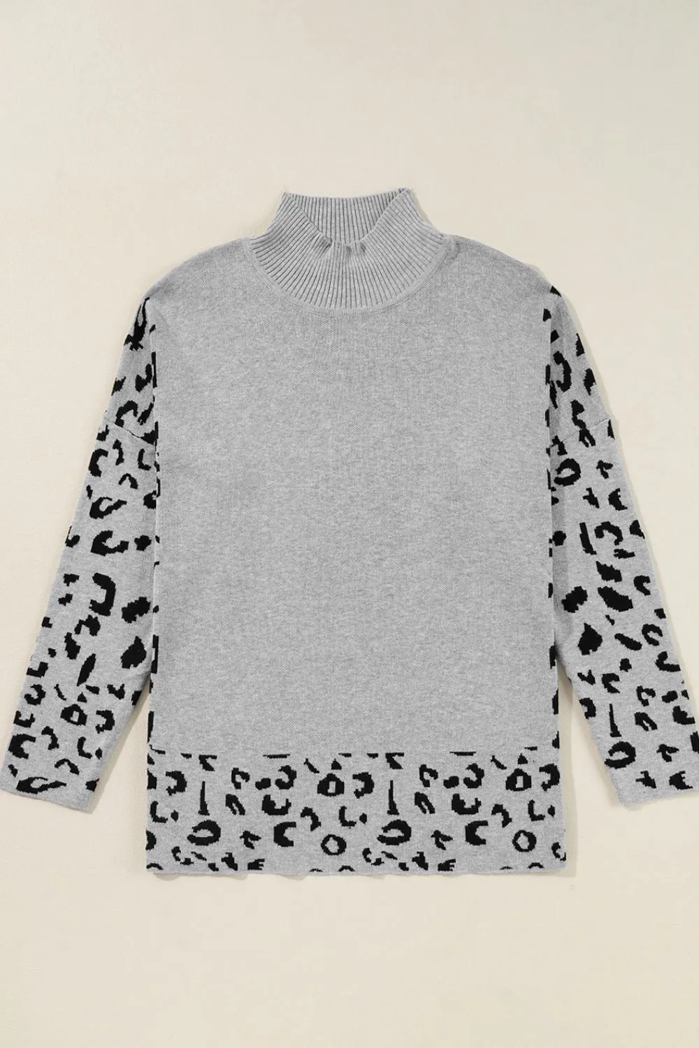 Hazel Blues® |  Slit Leopard Mock Neck Dropped Shoulder Sweater
