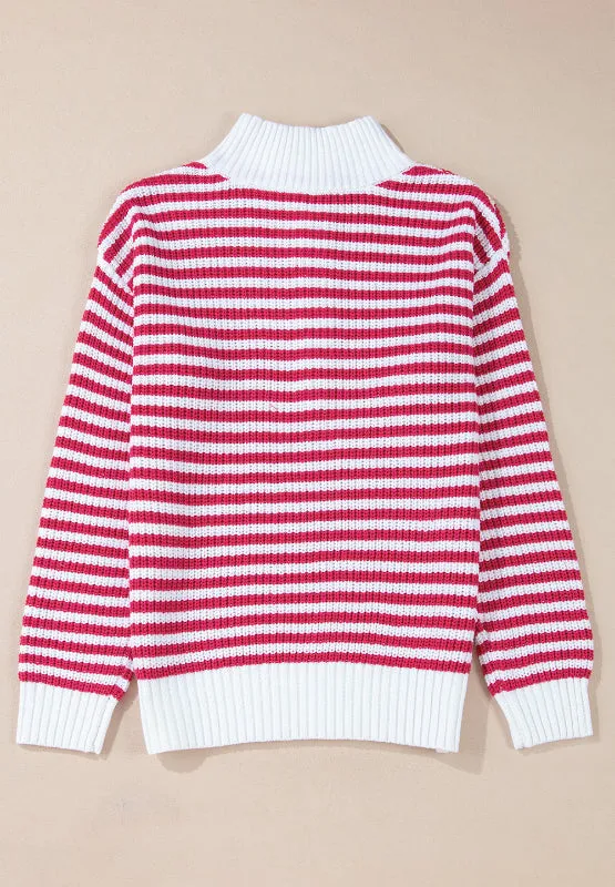 Hazel Blues® |  Striped Half Zip Mock Neck Long Sleeve Sweater