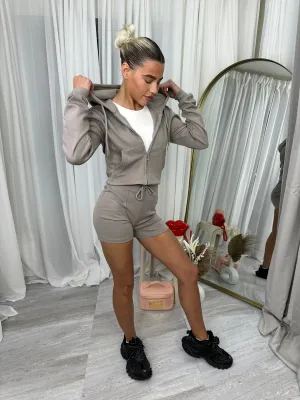 Hooded top with zip front long sleeved with drawstring shorts and elasticated waist