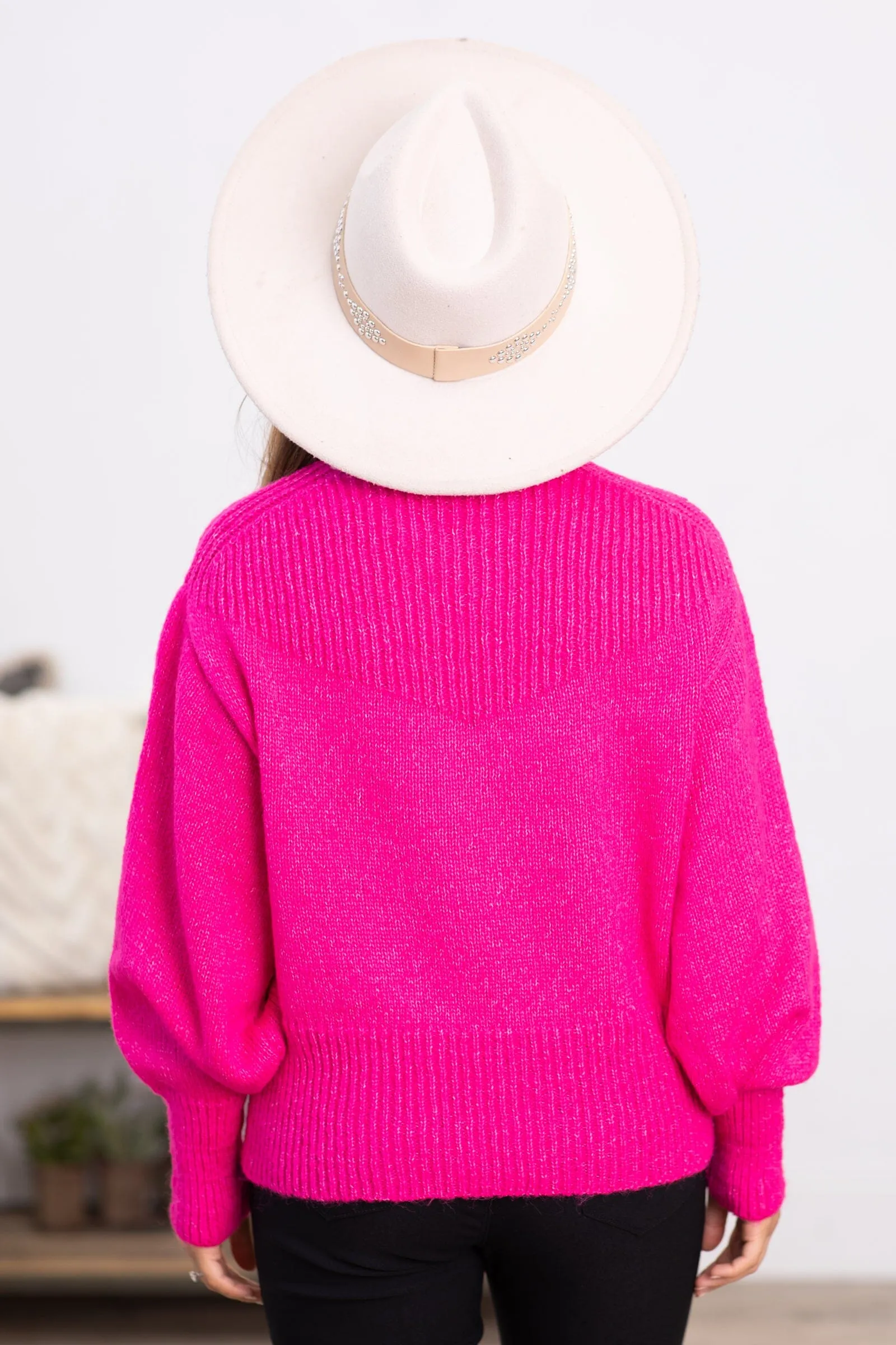 Hot Pink Balloon Sleeve Mock Neck Sweater