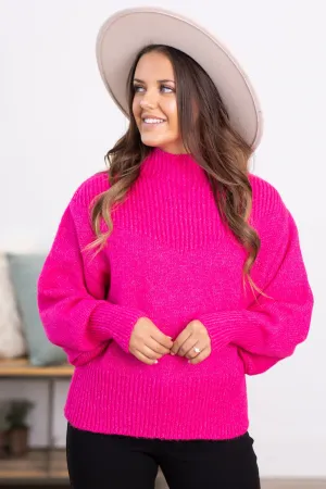Hot Pink Balloon Sleeve Mock Neck Sweater