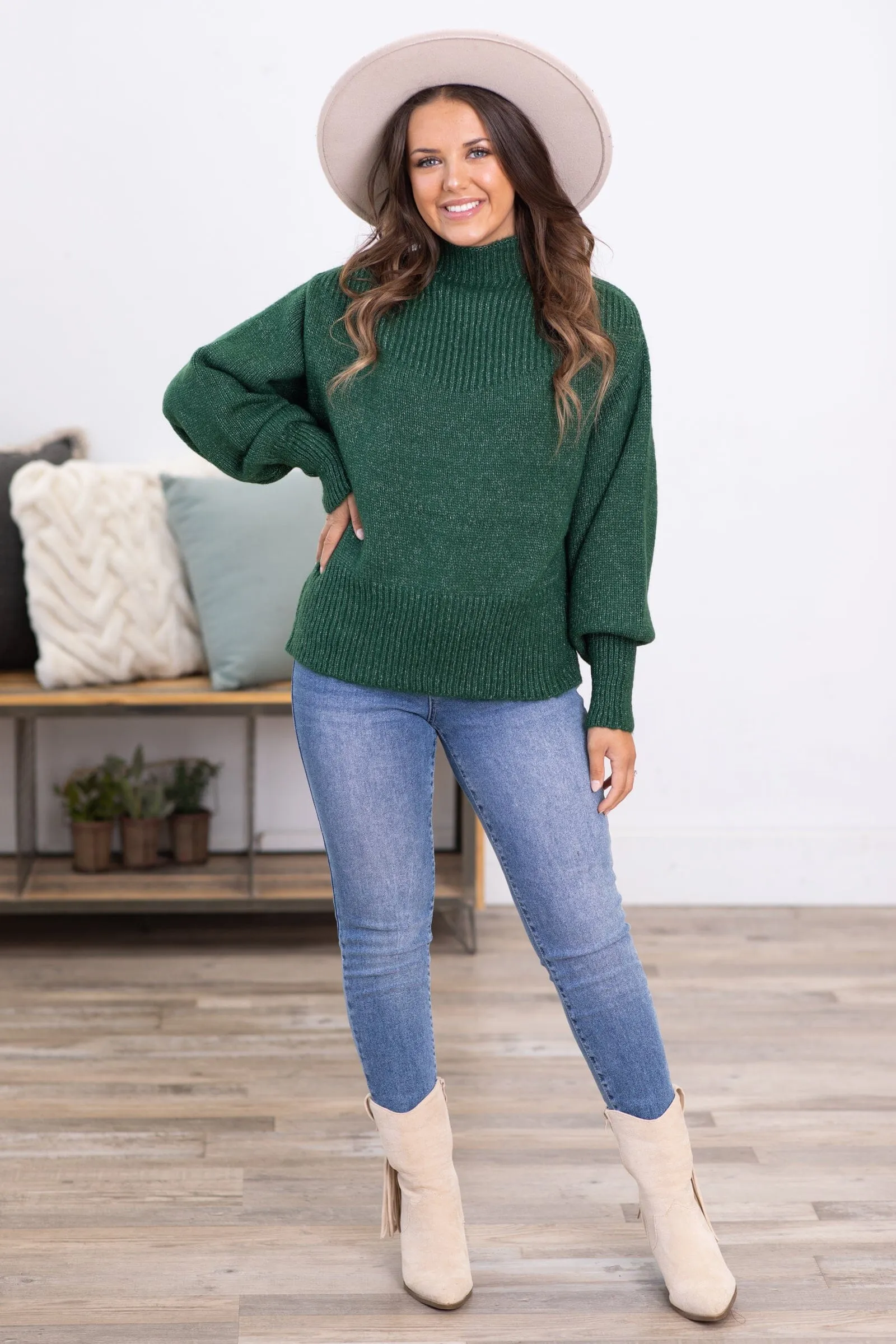 Hunter Green Balloon Sleeve Mock Neck Sweater