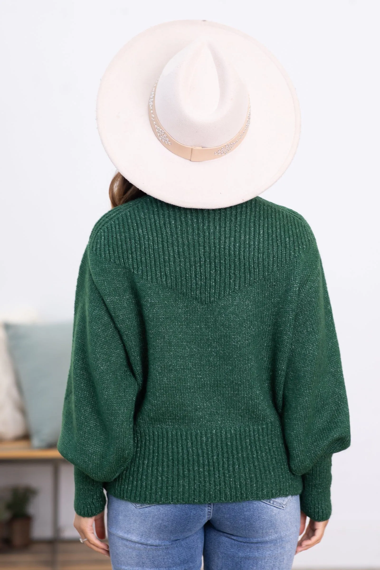 Hunter Green Balloon Sleeve Mock Neck Sweater