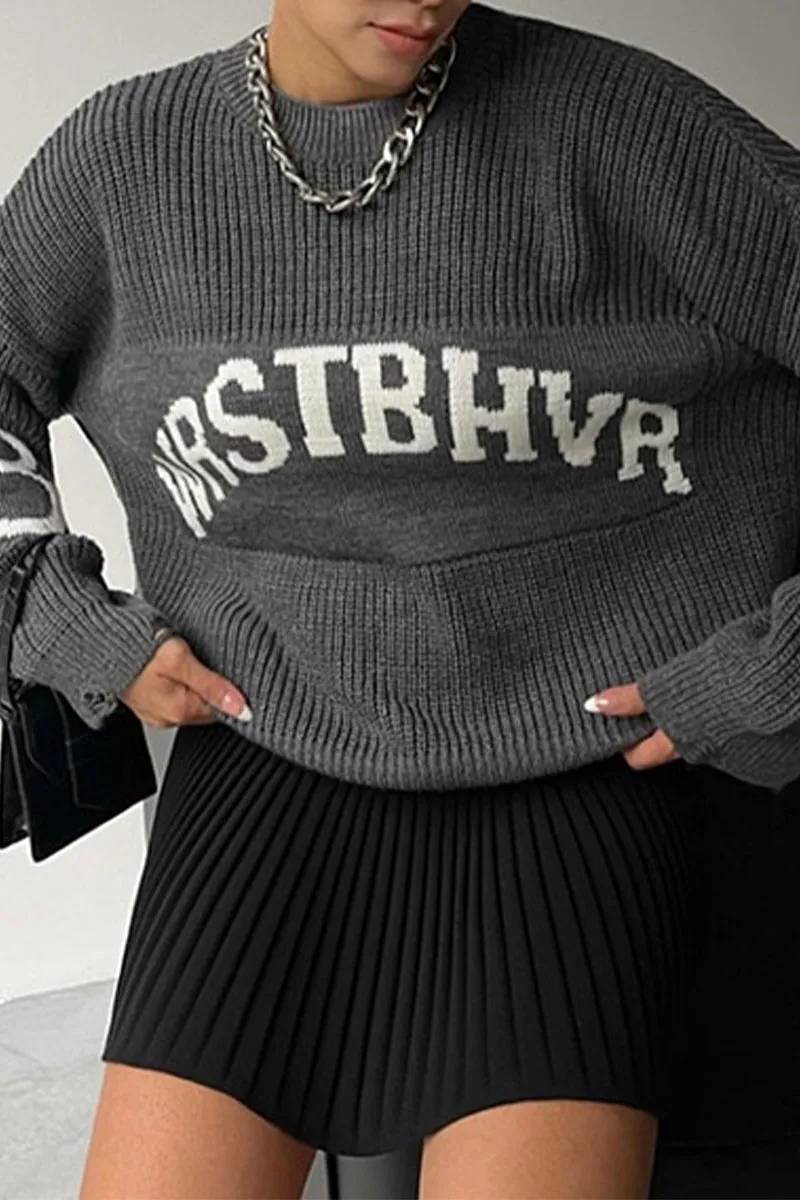 HWQ1221 Letter Print Loose Sweater