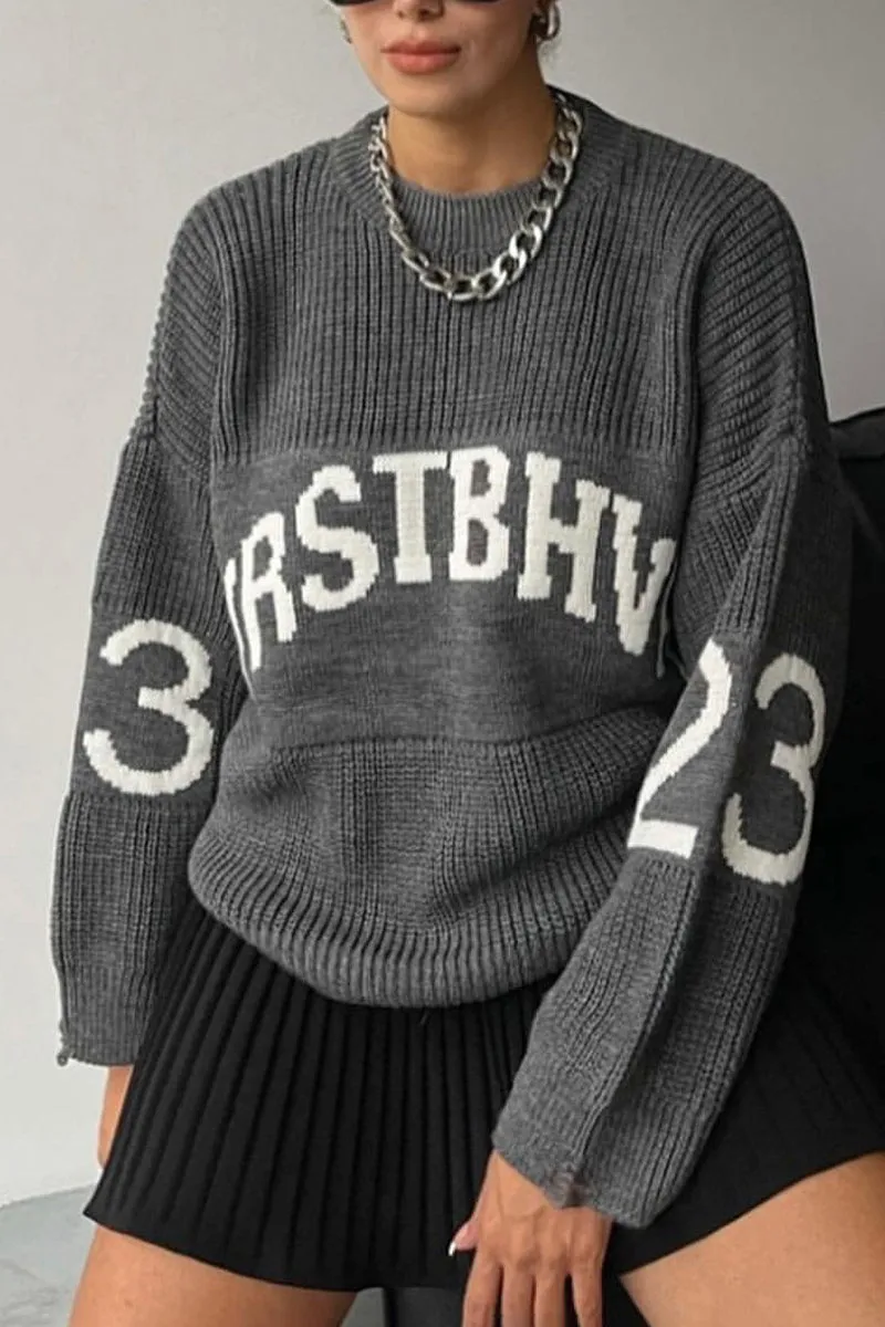 HWQ1221 Letter Print Loose Sweater