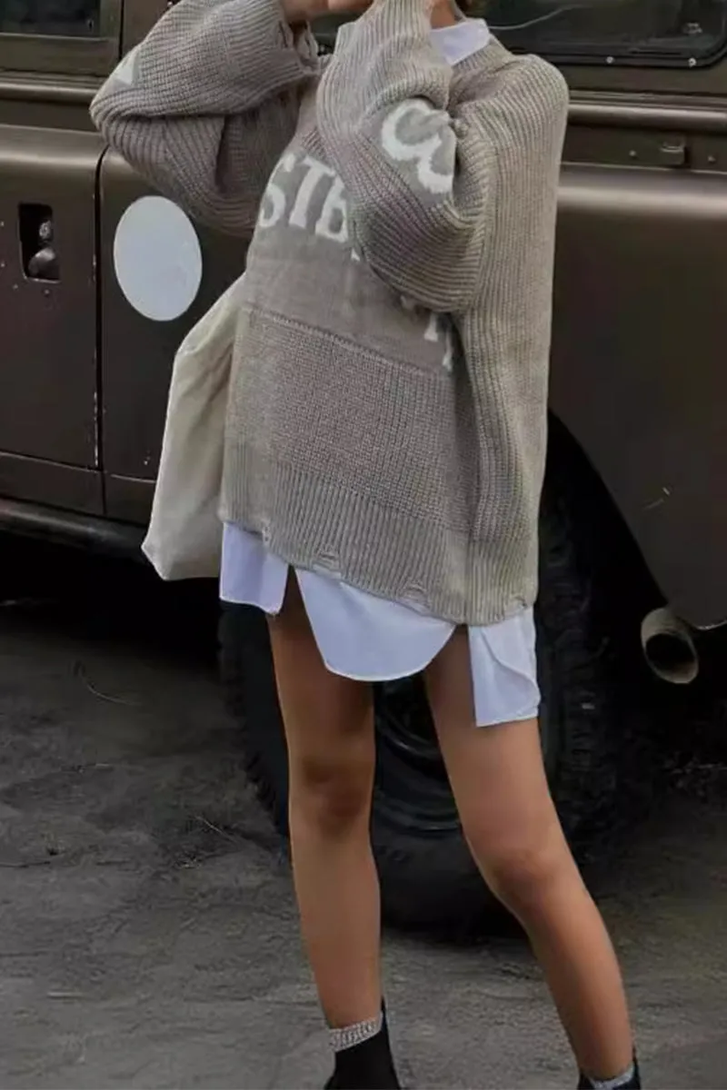 HWQ1221 Letter Print Loose Sweater