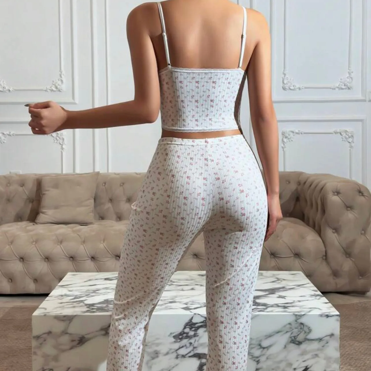 Indigo Floral Long Pajamas Set - White