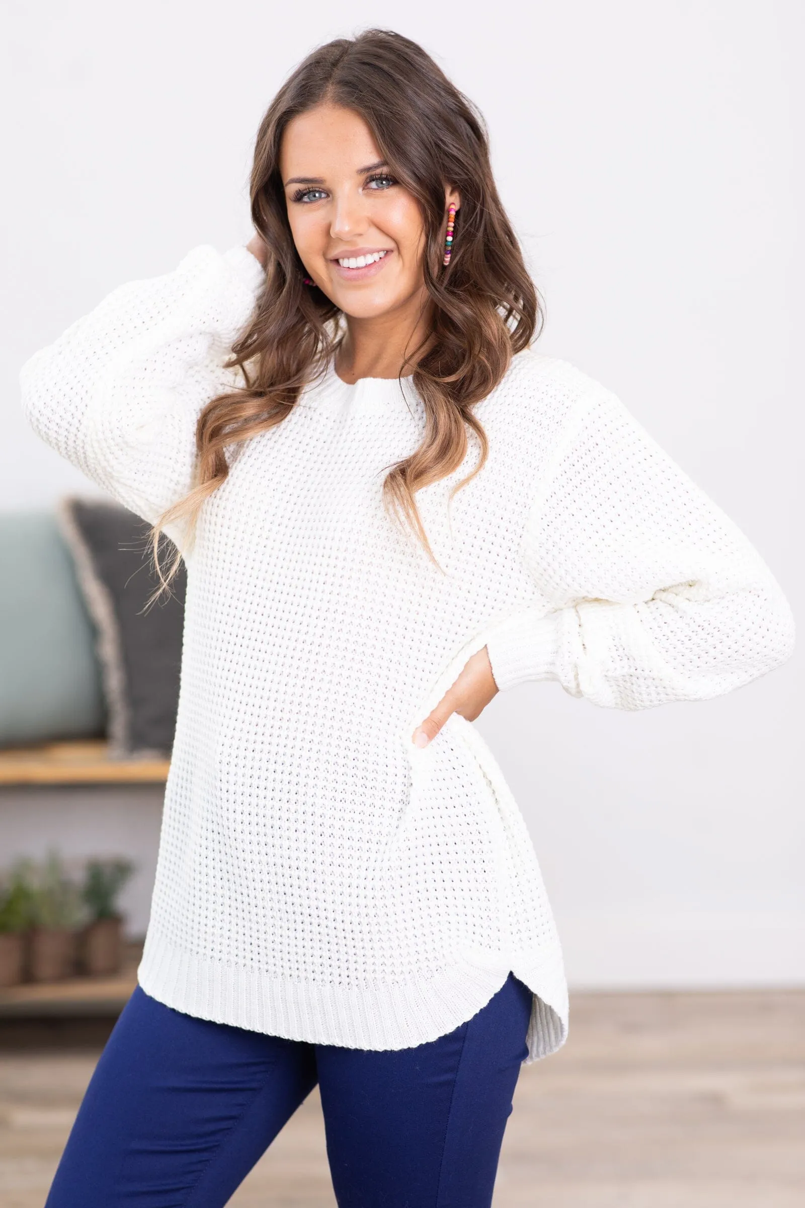 Ivory Waffle Knit Round Hem Sweater