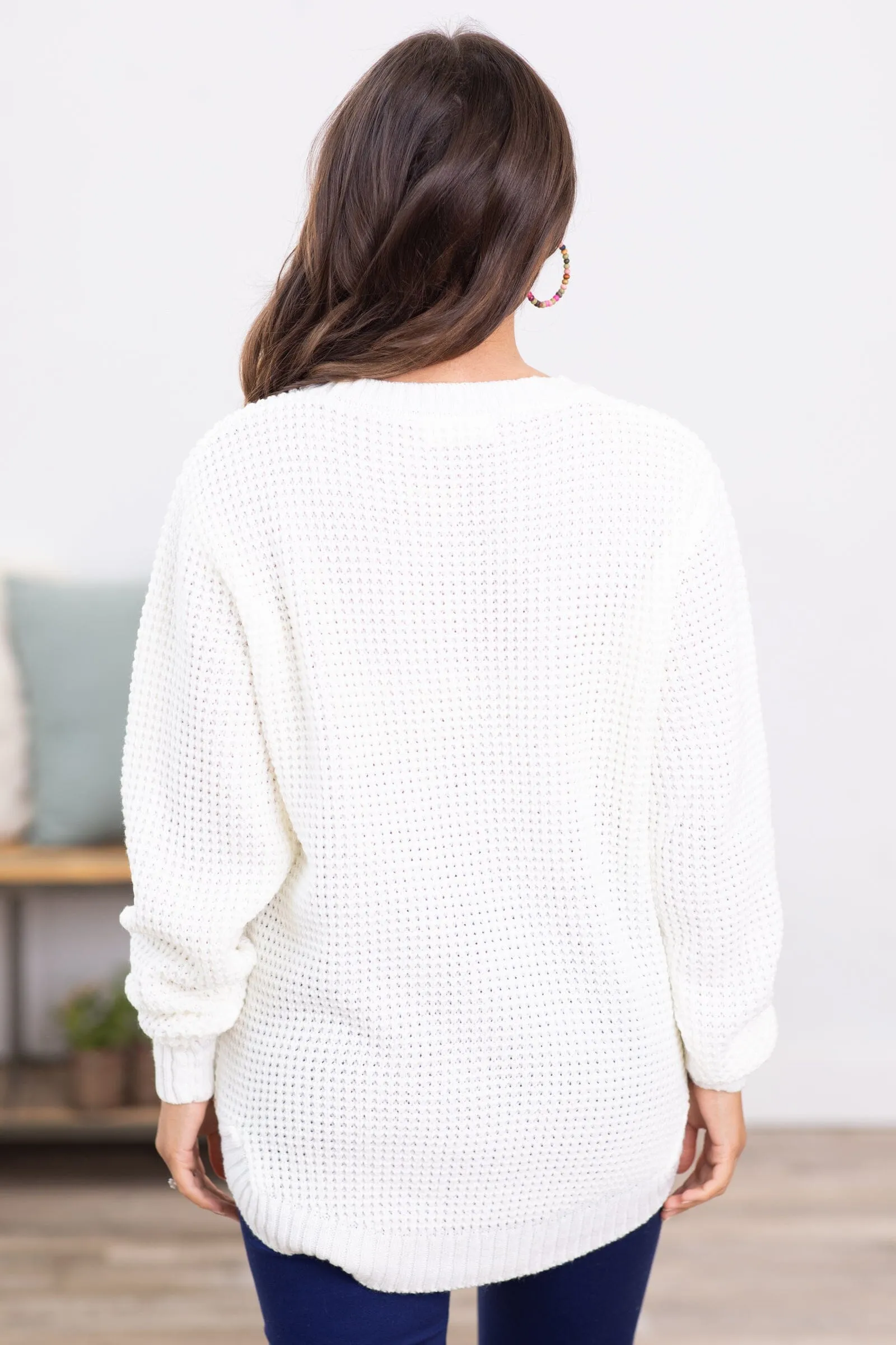 Ivory Waffle Knit Round Hem Sweater