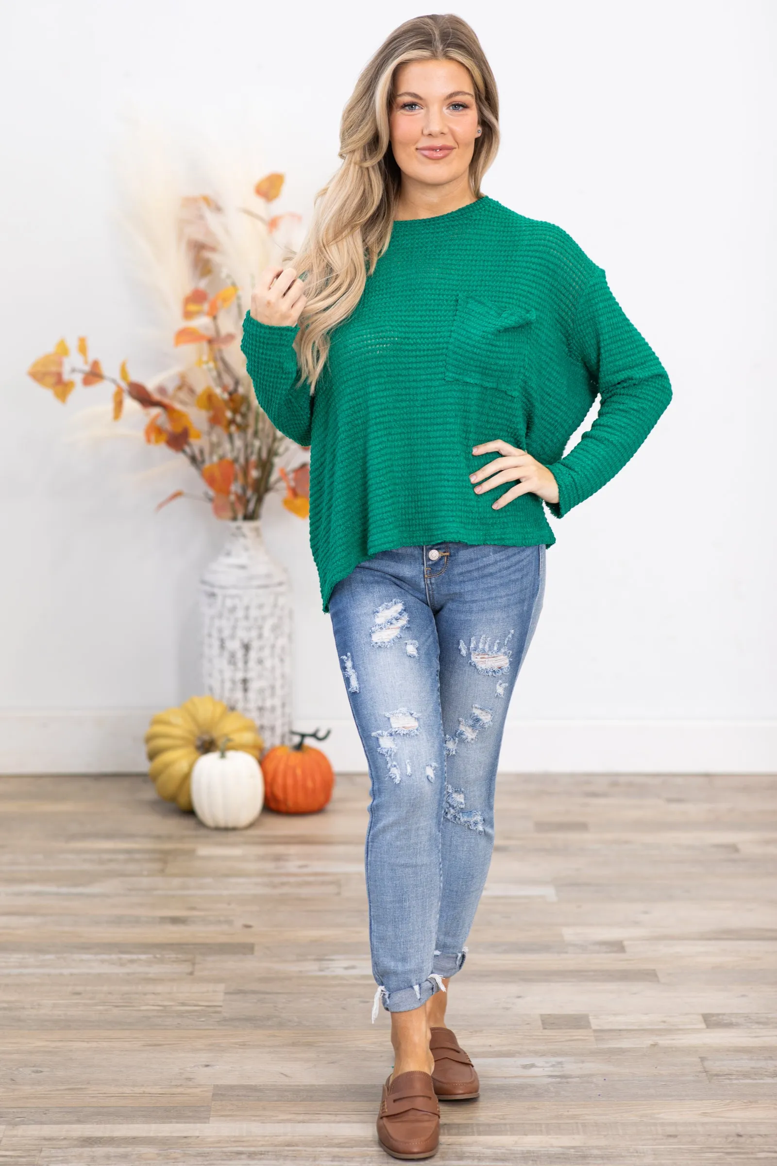 Jade Waffle Knit Sweater With Pocket