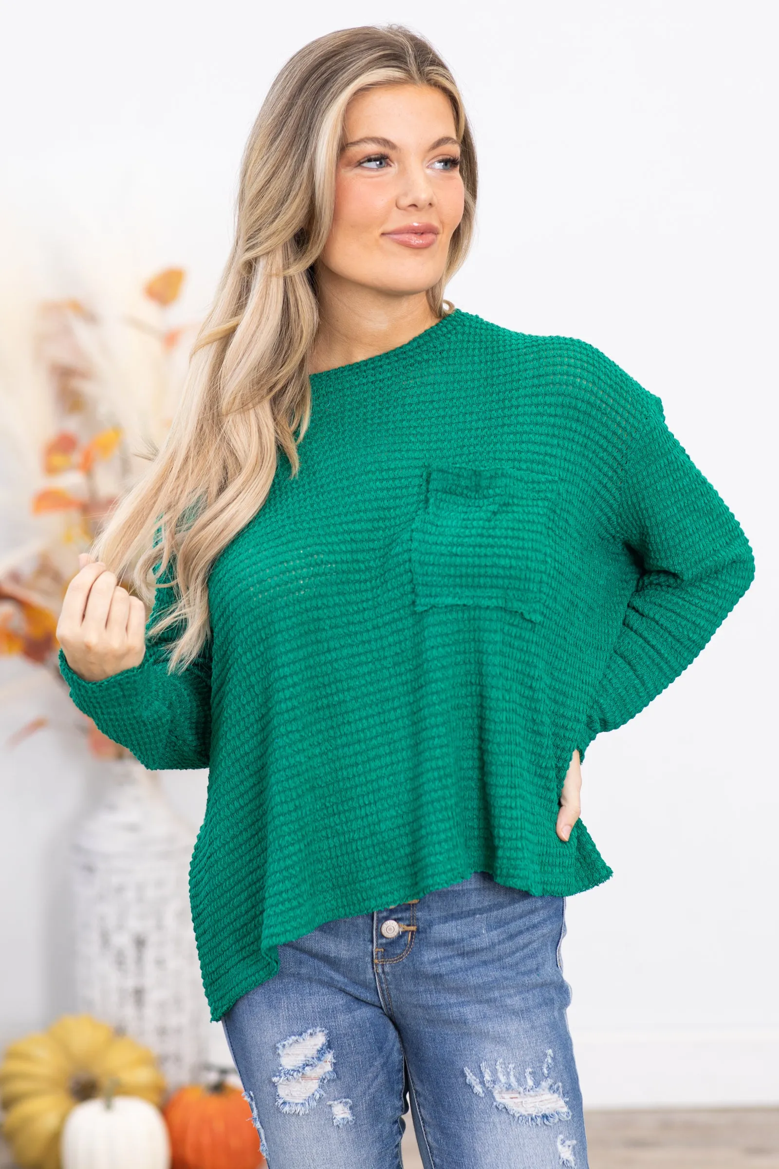 Jade Waffle Knit Sweater With Pocket