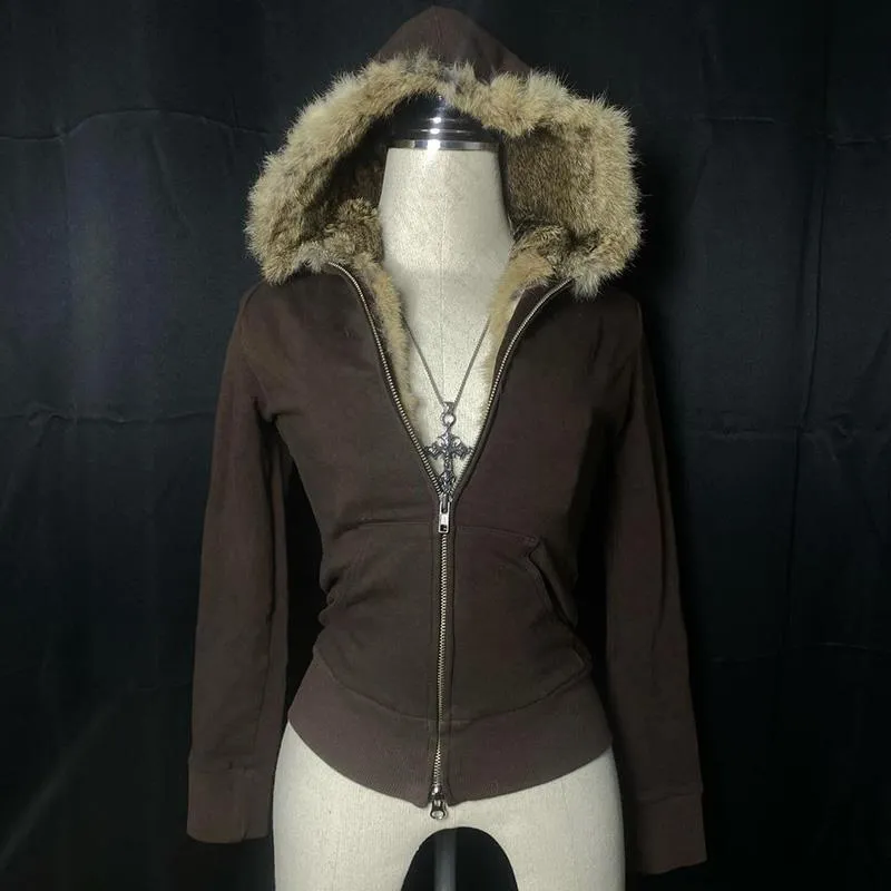JazzHer Harajuku Y2K Attitude Cool Girl Tight fitting Zip Hoodies Hip Hop Selvedge Punk Surcoat Winter Warm Personality Casual Clothing
