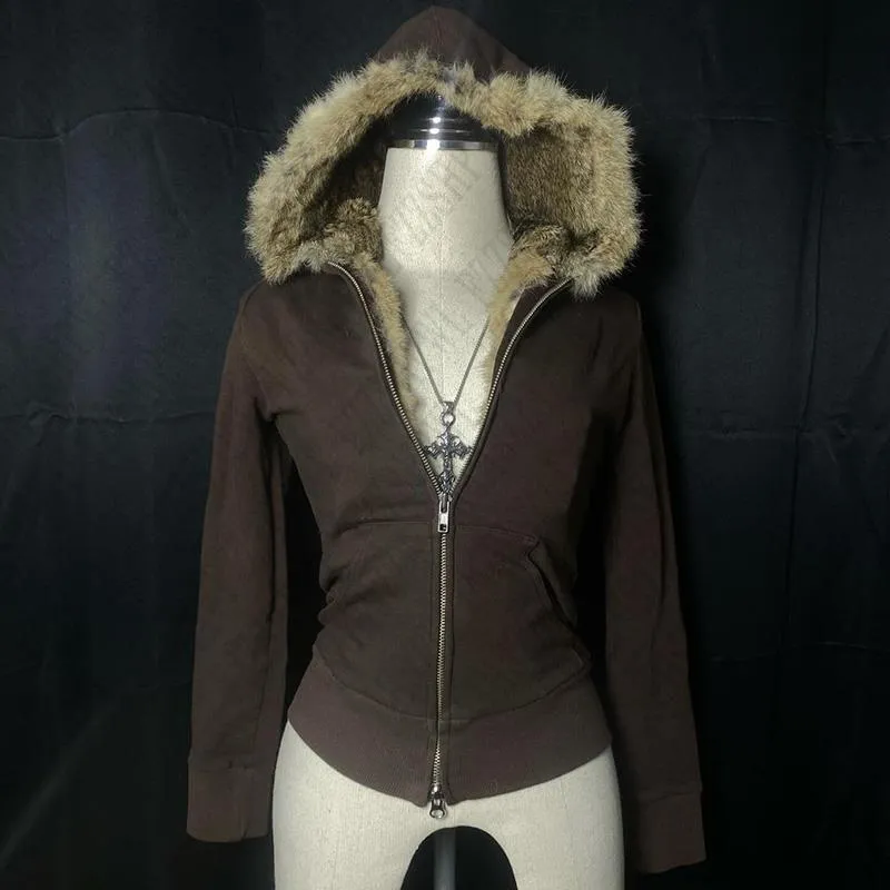 JazzHer Harajuku Y2K Attitude Cool Girl Tight fitting Zip Hoodies Hip Hop Selvedge Punk Surcoat Winter Warm Personality Casual Clothing