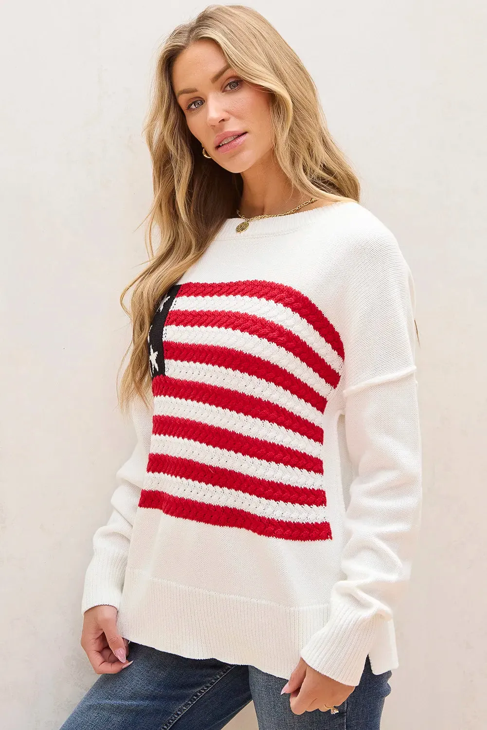Justice USA Flag Round Neck Long Sleeve Knit Top