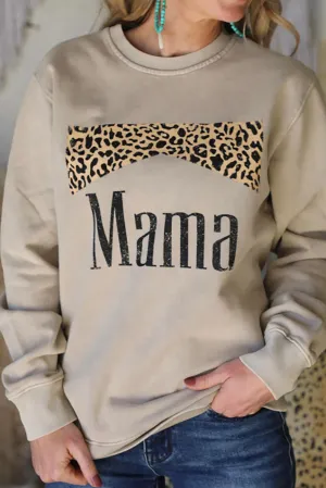 Khaki Mama Leopard Print Crewneck Pullover Sweatshirt
