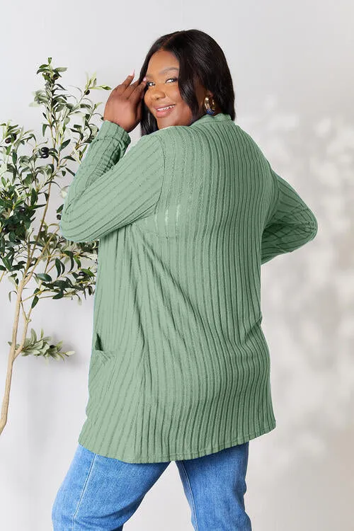 Kira Basic Bae Full Size Ribbed Open Front Cardigan with Pockets