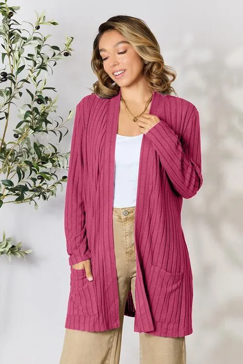 Kira Basic Bae Full Size Ribbed Open Front Cardigan with Pockets