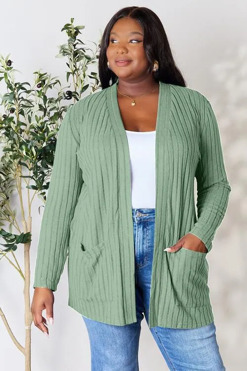Kira Basic Bae Full Size Ribbed Open Front Cardigan with Pockets
