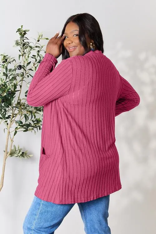 Kira Basic Bae Full Size Ribbed Open Front Cardigan with Pockets