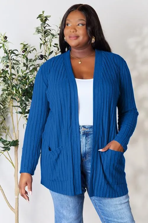 Kira Basic Bae Full Size Ribbed Open Front Cardigan with Pockets