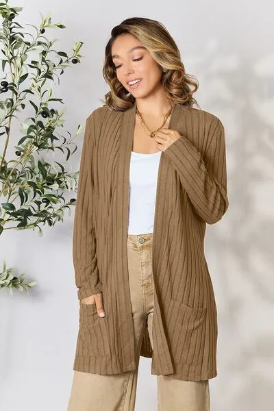 Kira Basic Bae Full Size Ribbed Open Front Cardigan with Pockets