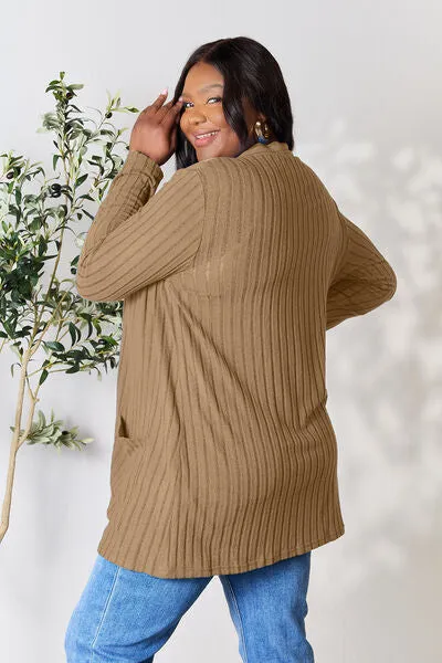 Kira Basic Bae Full Size Ribbed Open Front Cardigan with Pockets