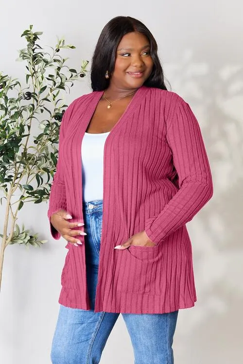 Kira Basic Bae Full Size Ribbed Open Front Cardigan with Pockets