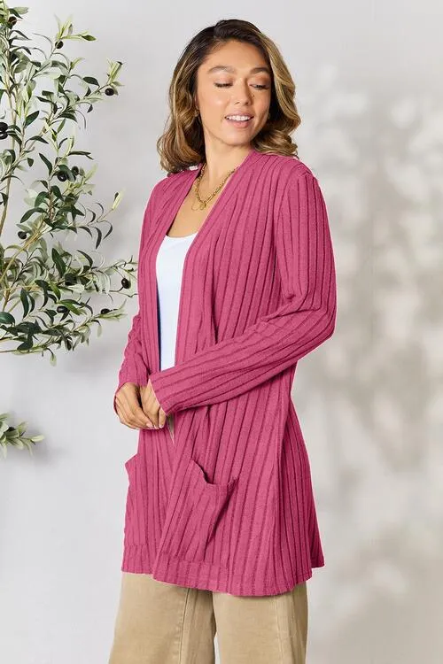 Kira Basic Bae Full Size Ribbed Open Front Cardigan with Pockets