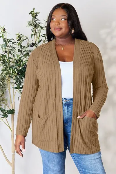 Kira Basic Bae Full Size Ribbed Open Front Cardigan with Pockets