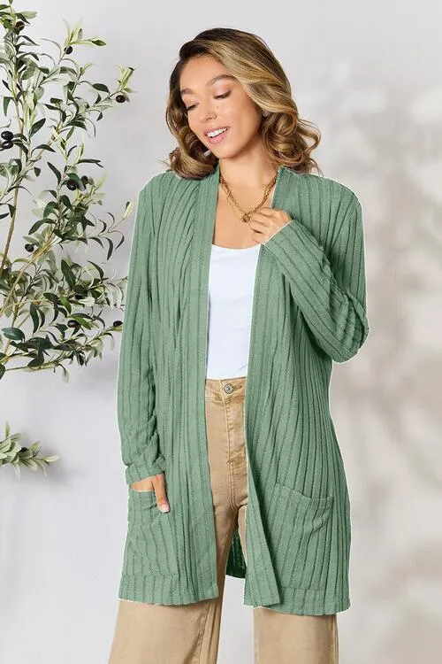 Kira Basic Bae Full Size Ribbed Open Front Cardigan with Pockets