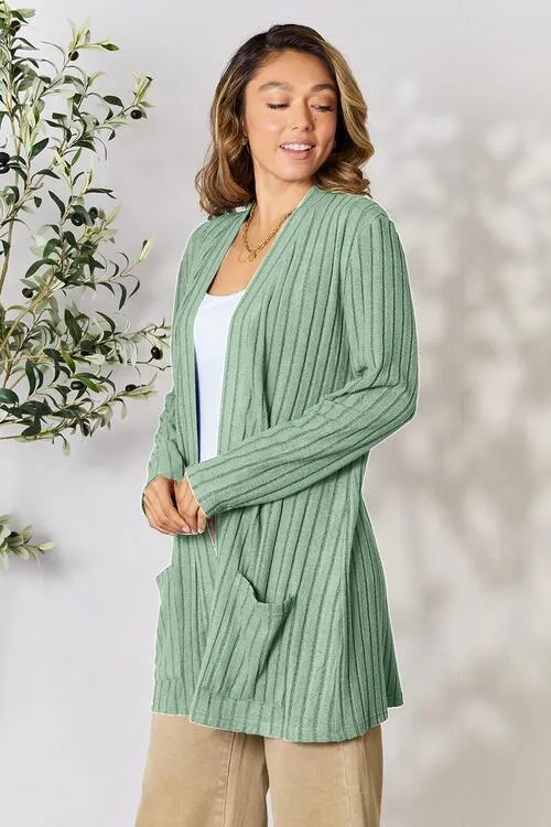 Kira Basic Bae Full Size Ribbed Open Front Cardigan with Pockets