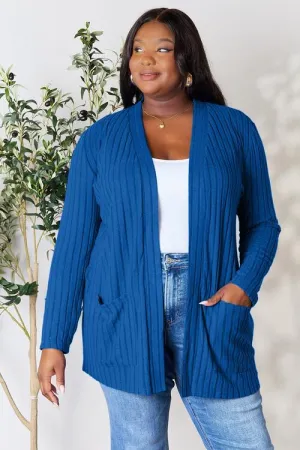 Kira Basic Bae Full Size Ribbed Open Front Cardigan with Pockets