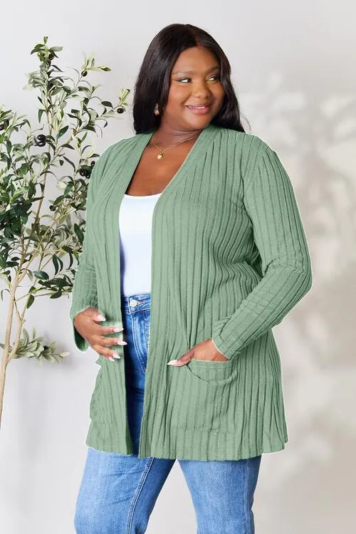 Kira Basic Bae Full Size Ribbed Open Front Cardigan with Pockets