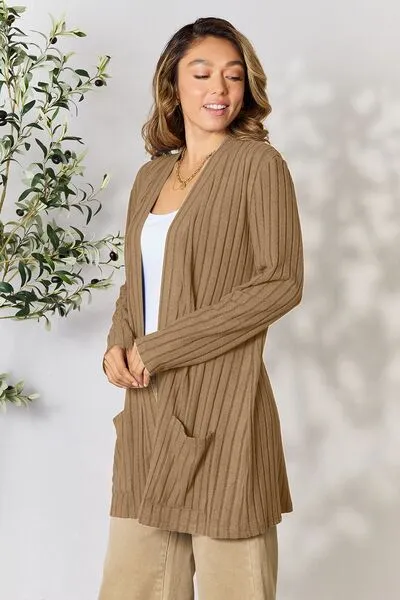 Kira Basic Bae Full Size Ribbed Open Front Cardigan with Pockets