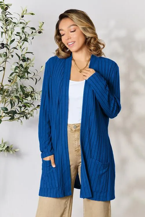 Kira Basic Bae Full Size Ribbed Open Front Cardigan with Pockets