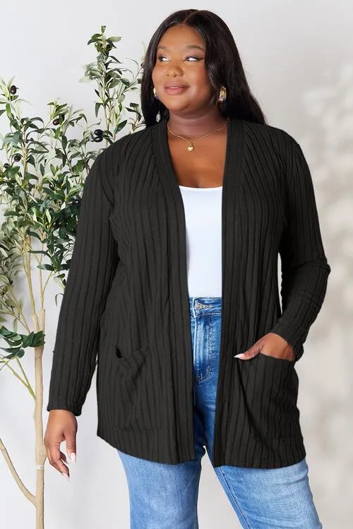 Kira Basic Bae Full Size Ribbed Open Front Cardigan with Pockets