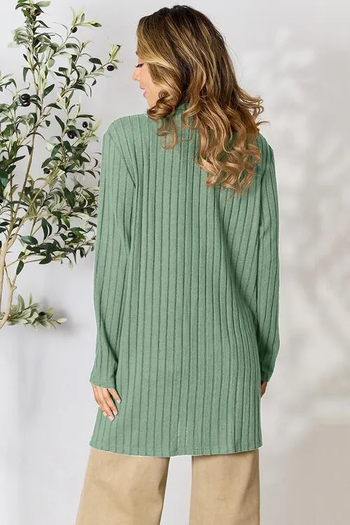 Kira Basic Bae Full Size Ribbed Open Front Cardigan with Pockets