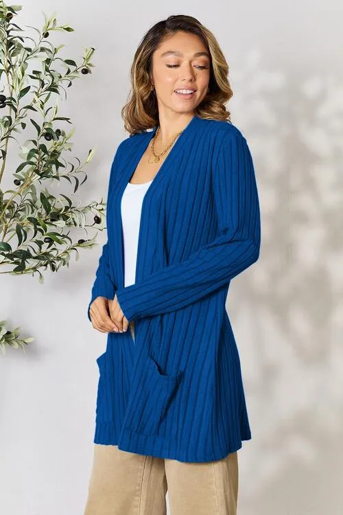 Kira Basic Bae Full Size Ribbed Open Front Cardigan with Pockets