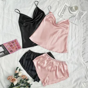 Kira Basic Silk Pajamas Set 2 Piece - Pink & Black